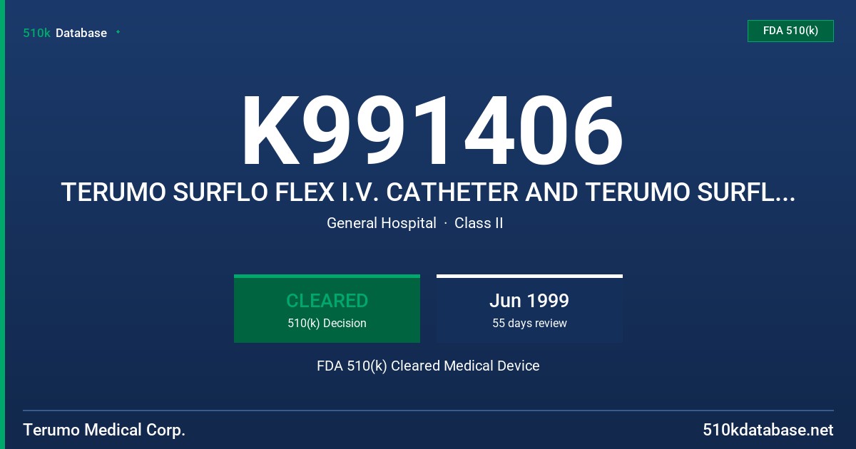 K991406 TERUMO SURFLO FLEX I.V. CATHETER AND TERUMO SURFLASH I.V. CATHETER FDA 510(k) Cleared Medical Device