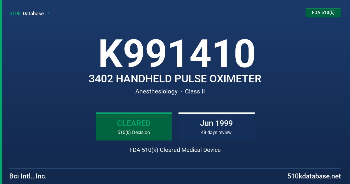 K991410 3402 HANDHELD PULSE OXIMETER FDA 510(k) Cleared Medical Device
