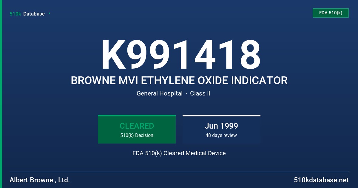 K991418 BROWNE MVI ETHYLENE OXIDE INDICATOR FDA 510(k) Cleared Medical Device