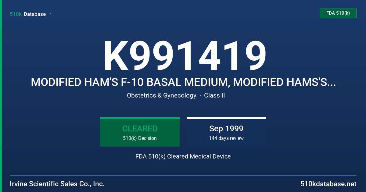 K991419 MODIFIED HAM'S F-10 BASAL MEDIUM, MODIFIED HAMS'S F-10 BASAL MEDIUM HEPES, MODIFIED HAM'S F-10 SUPPLEMENT (50X) IYOPHILI FDA 510(k) Cleared Medical Device