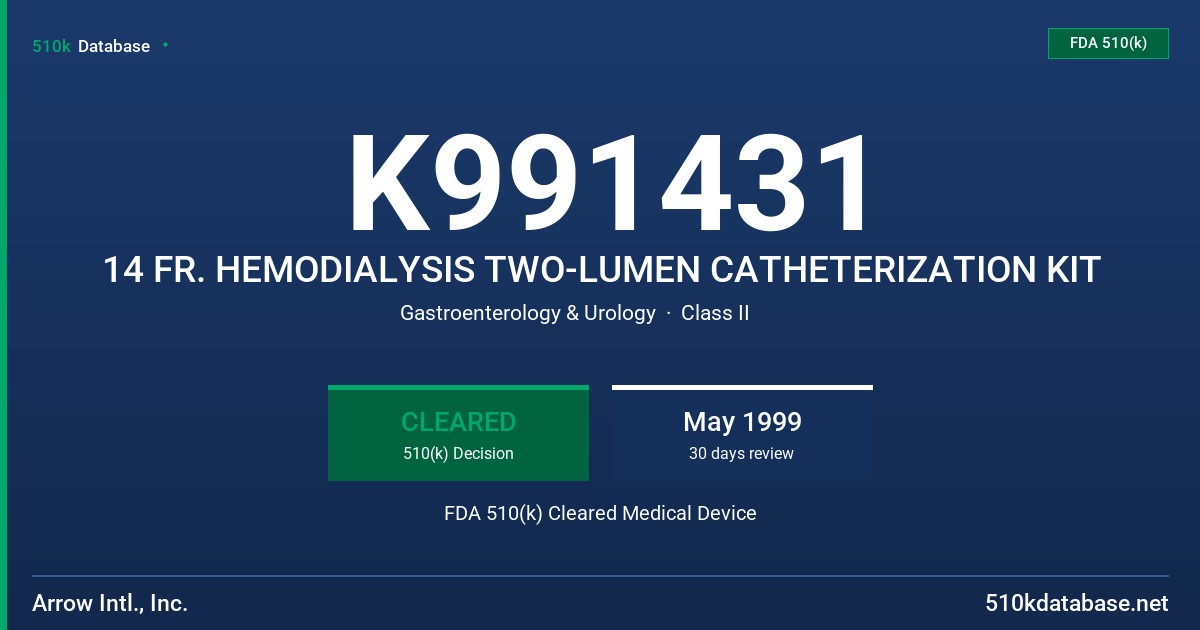 K991431 14 FR. HEMODIALYSIS TWO-LUMEN CATHETERIZATION KIT FDA 510(k) Cleared Medical Device