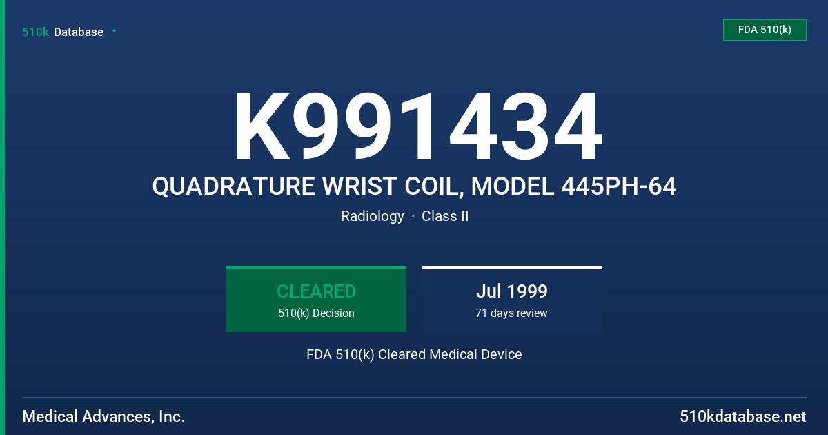 K991434 QUADRATURE WRIST COIL, MODEL 445PH-64 FDA 510(k) Cleared Medical Device