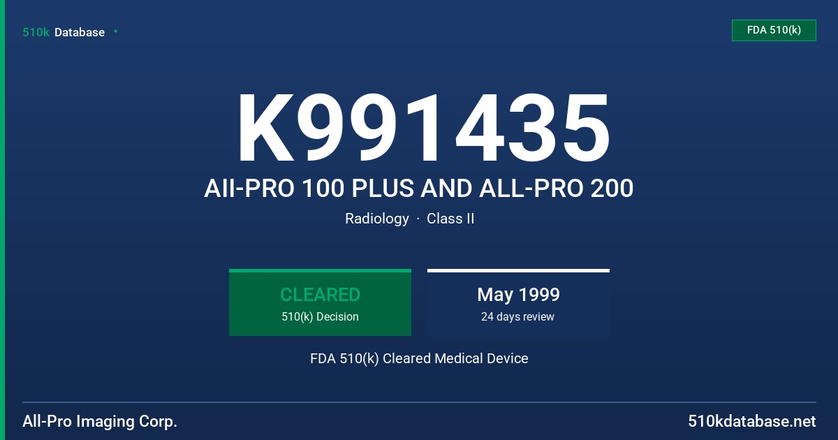 K991435 AII-PRO 100 PLUS AND ALL-PRO 200 FDA 510(k) Cleared Medical Device