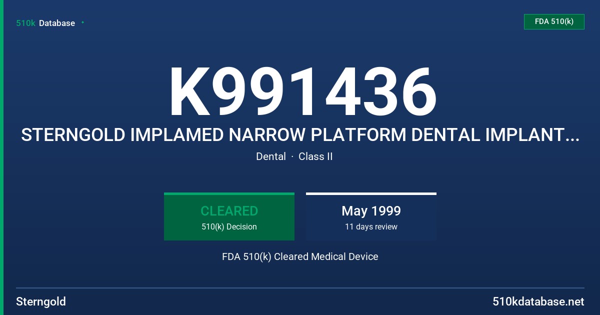 K991436 STERNGOLD IMPLAMED NARROW PLATFORM DENTAL IMPLANTS AND RELATED PROSTHETICS AND INSTRUMENTATION FDA 510(k) Cleared Medical Device