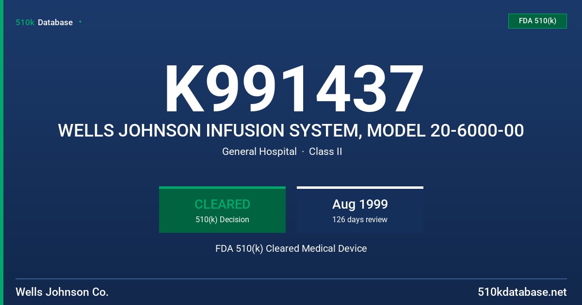 K991437 WELLS JOHNSON INFUSION SYSTEM, MODEL 20-6000-00 FDA 510(k) Cleared Medical Device