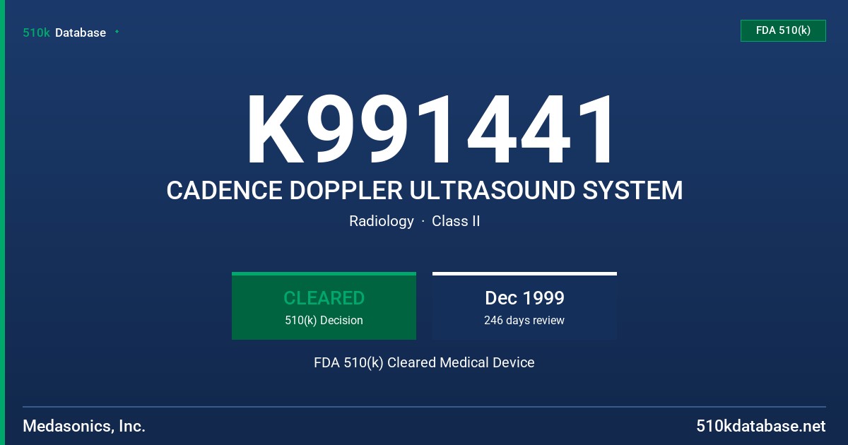 K991441 CADENCE DOPPLER ULTRASOUND SYSTEM FDA 510(k) Cleared Medical Device
