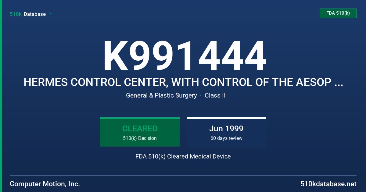 K991444 HERMES CONTROL CENTER, WITH CONTROL OF THE AESOP 3000HR (HERMES READY). FDA 510(k) Cleared Medical Device