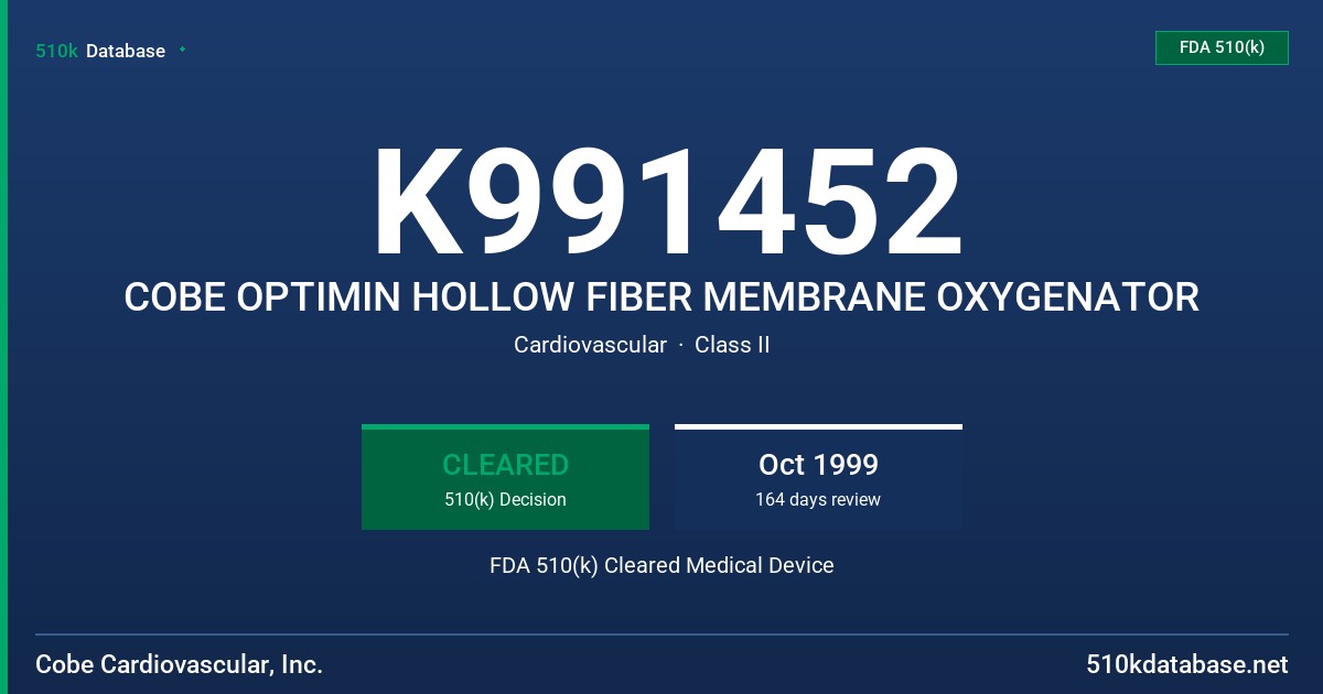 K991452 COBE OPTIMIN HOLLOW FIBER MEMBRANE OXYGENATOR FDA 510(k) Cleared Medical Device