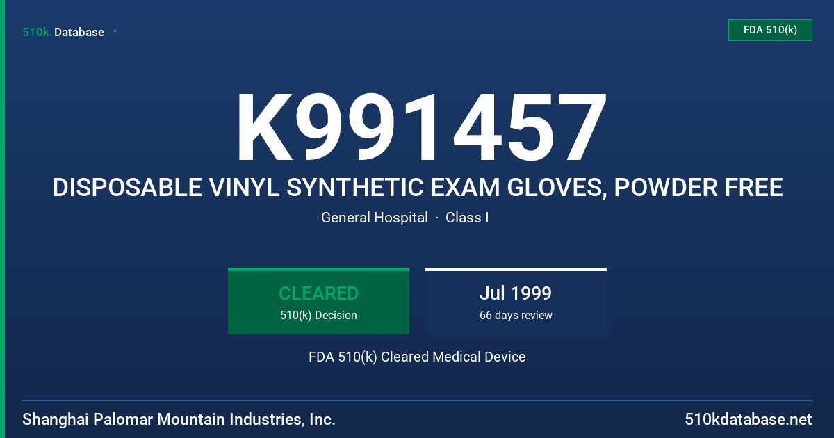 K991457 DISPOSABLE VINYL SYNTHETIC EXAM GLOVES, POWDER FREE FDA 510(k) Cleared Medical Device