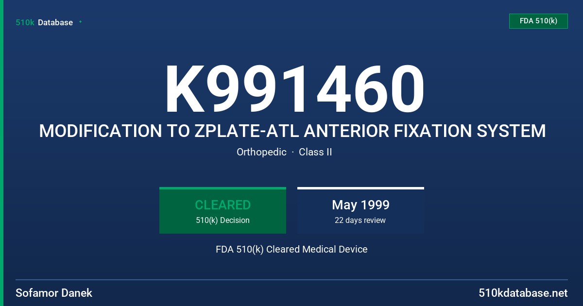 K991460 MODIFICATION TO ZPLATE-ATL ANTERIOR FIXATION SYSTEM FDA 510(k) Cleared Medical Device