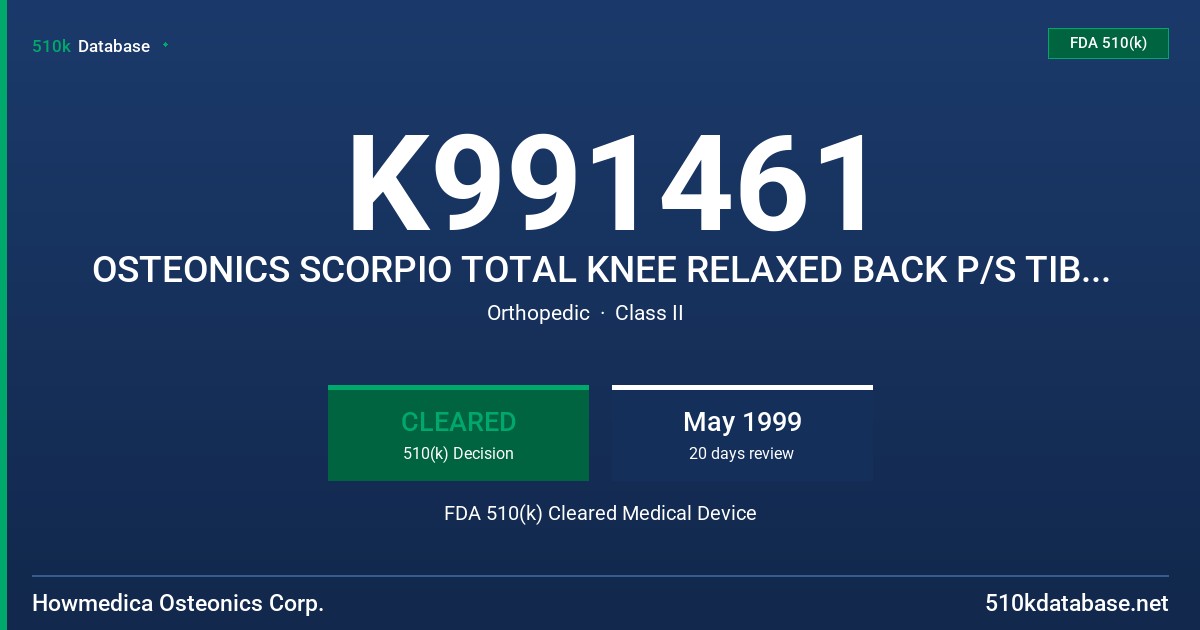 K991461 OSTEONICS SCORPIO TOTAL KNEE RELAXED BACK P/S TIBIAL BEARING INSERT FDA 510(k) Cleared Medical Device