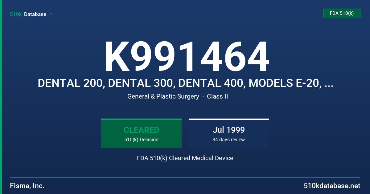 K991464 DENTAL 200, DENTAL 300, DENTAL 400, MODELS E-20, E-60, E-50 FDA 510(k) Cleared Medical Device