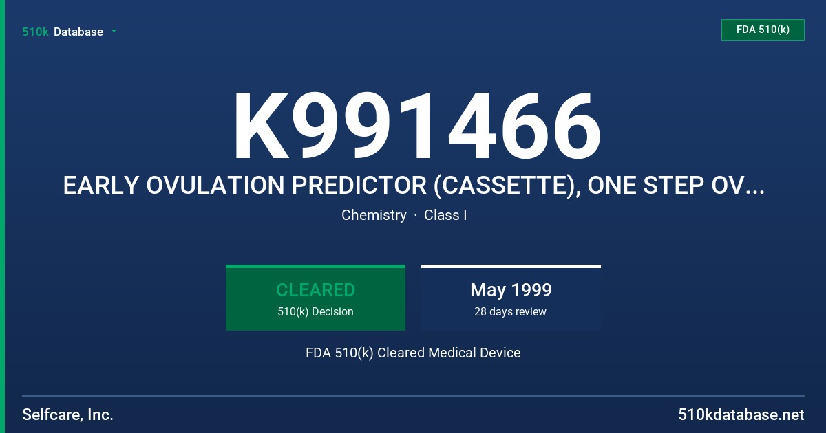 K991466 EARLY OVULATION PREDICTOR (CASSETTE), ONE STEP OVULATION PREDICTOR (CASSETTE), OVULATION PREDICTOR (CASSETTE) FDA 510(k) Cleared Medical Device