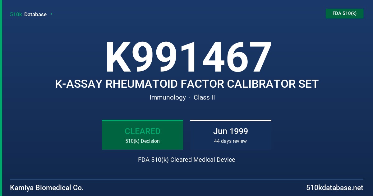 K991467 K-ASSAY RHEUMATOID FACTOR CALIBRATOR SET FDA 510(k) Cleared Medical Device