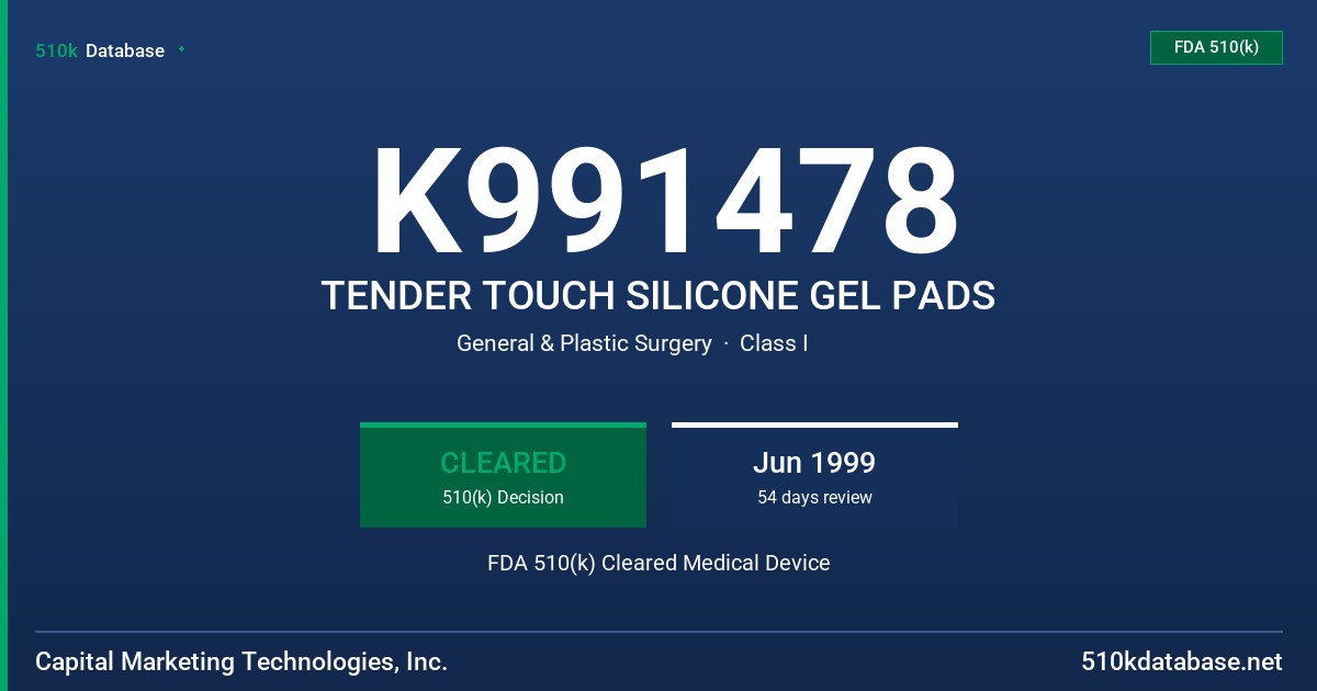 K991478 TENDER TOUCH SILICONE GEL PADS FDA 510(k) Cleared Medical Device