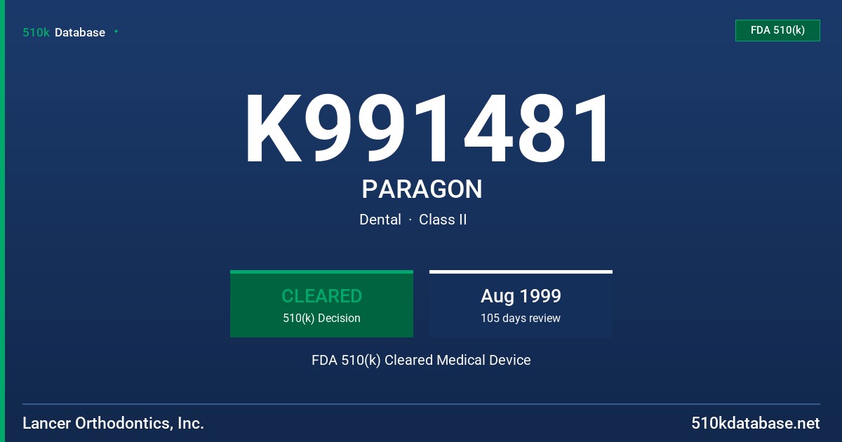 K991481 PARAGON FDA 510(k) Cleared Medical Device