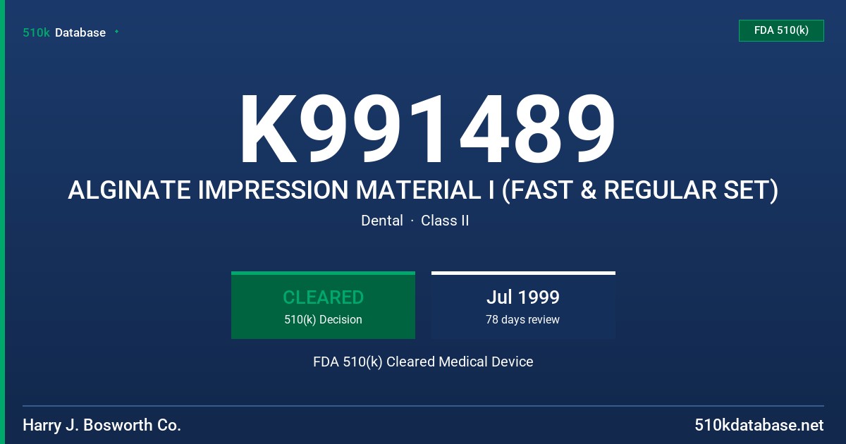 K991489 ALGINATE IMPRESSION MATERIAL I (FAST & REGULAR SET) FDA 510(k) Cleared Medical Device