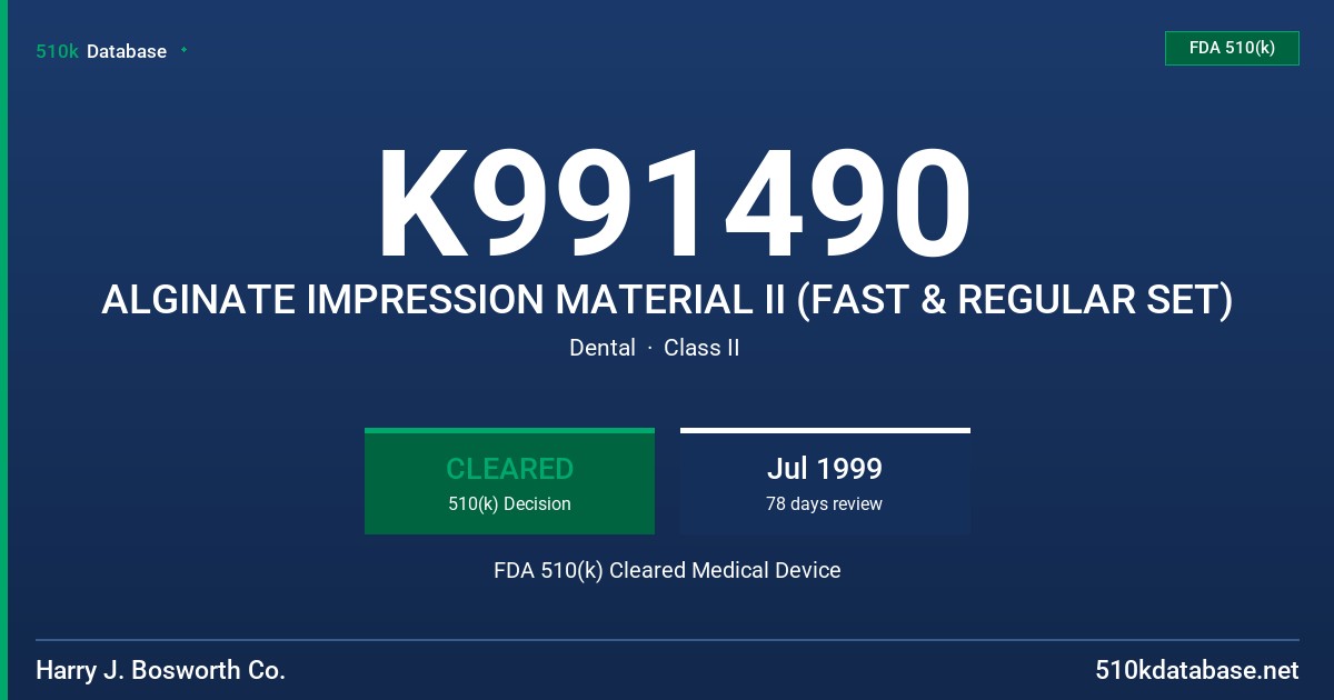 K991490 ALGINATE IMPRESSION MATERIAL II (FAST & REGULAR SET) FDA 510(k) Cleared Medical Device