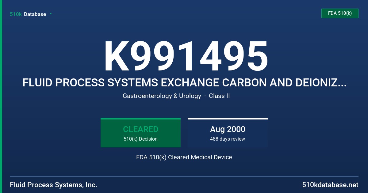 K991495 FLUID PROCESS SYSTEMS EXCHANGE CARBON AND DEIONIZATION TANKS FOR USE IN HEMODIALYSIS FDA 510(k) Cleared Medical Device