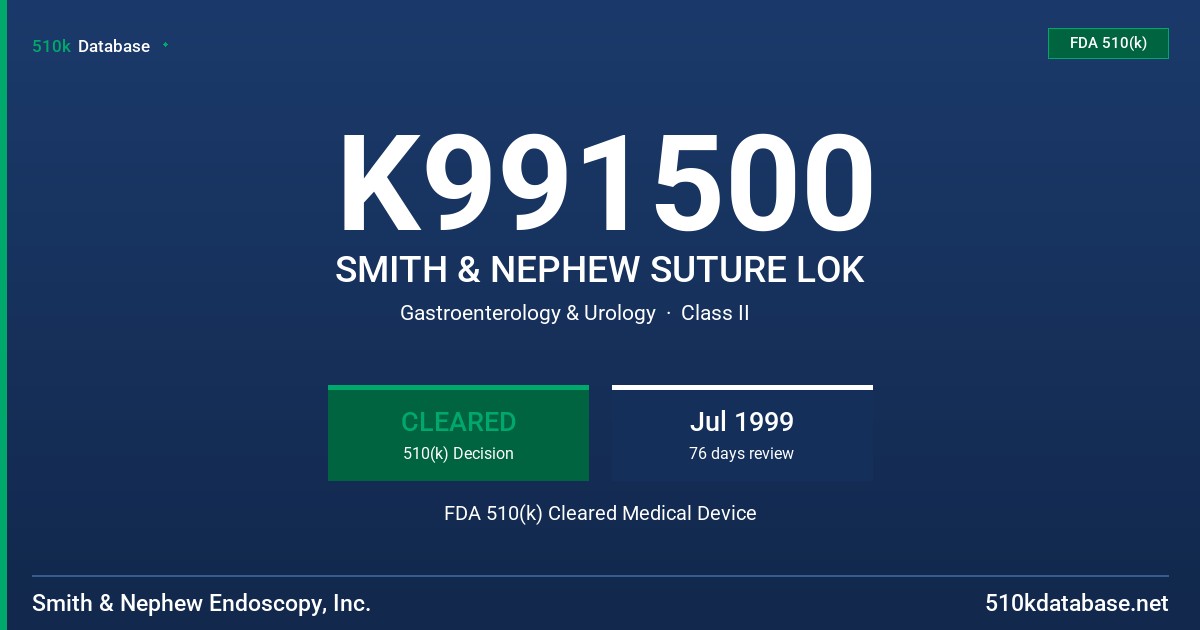 K991500 SMITH & NEPHEW SUTURE LOK FDA 510(k) Cleared Medical Device