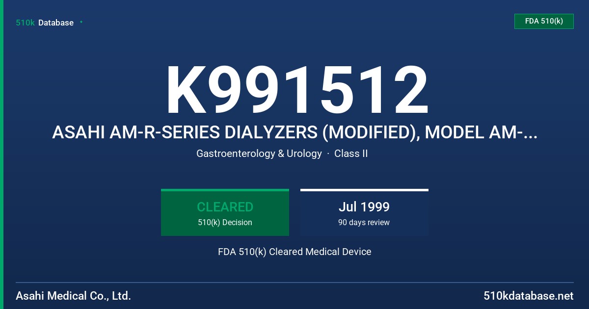 K991512 ASAHI AM-R-SERIES DIALYZERS (MODIFIED), MODEL AM-NR-X FDA 510(k) Cleared Medical Device
