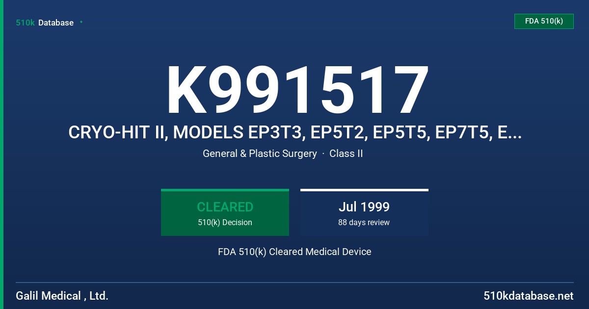K991517 CRYO-HIT II, MODELS EP3T3, EP5T2, EP5T5, EP7T5, EP8T5 FDA 510(k) Cleared Medical Device