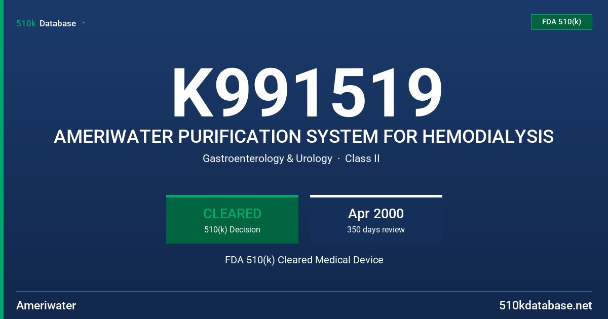 K991519 AMERIWATER PURIFICATION SYSTEM FOR HEMODIALYSIS FDA 510(k) Cleared Medical Device