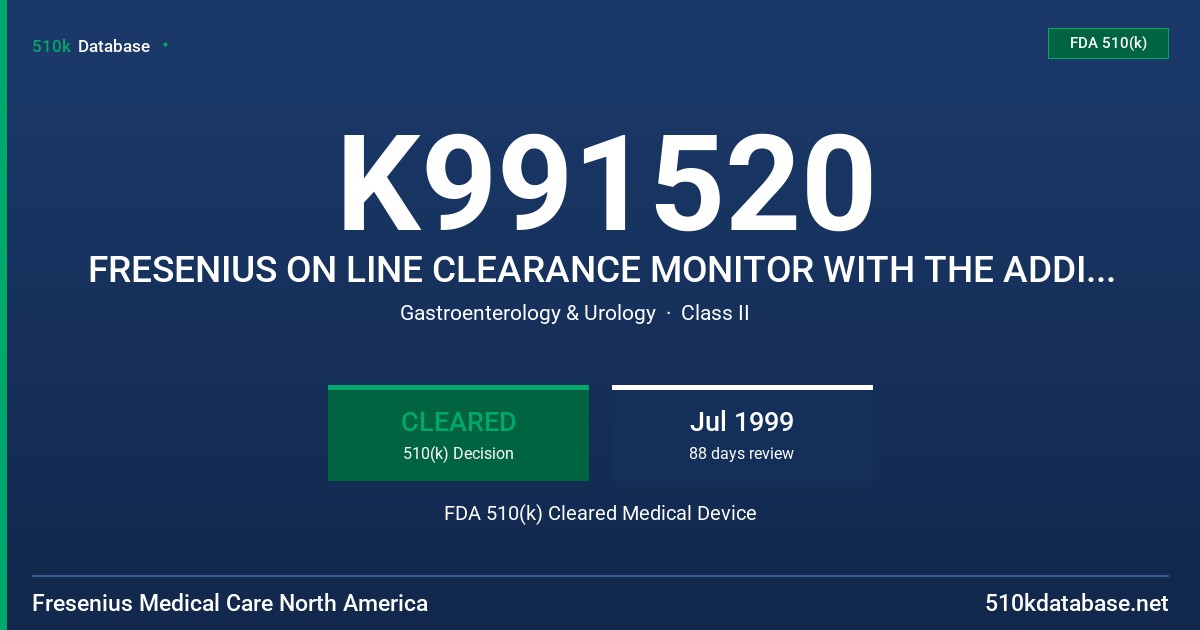 K991520 FRESENIUS ON LINE CLEARANCE MONITOR WITH THE ADDITION OF ACCESS FLOW DETERMINATION FDA 510(k) Cleared Medical Device