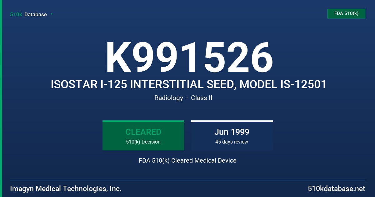 K991526 ISOSTAR I-125 INTERSTITIAL SEED, MODEL IS-12501 FDA 510(k) Cleared Medical Device