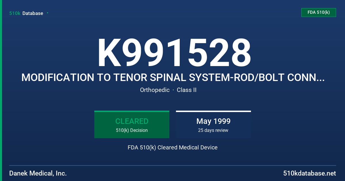 K991528 MODIFICATION TO TENOR SPINAL SYSTEM-ROD/BOLT CONNECTOR FDA 510(k) Cleared Medical Device