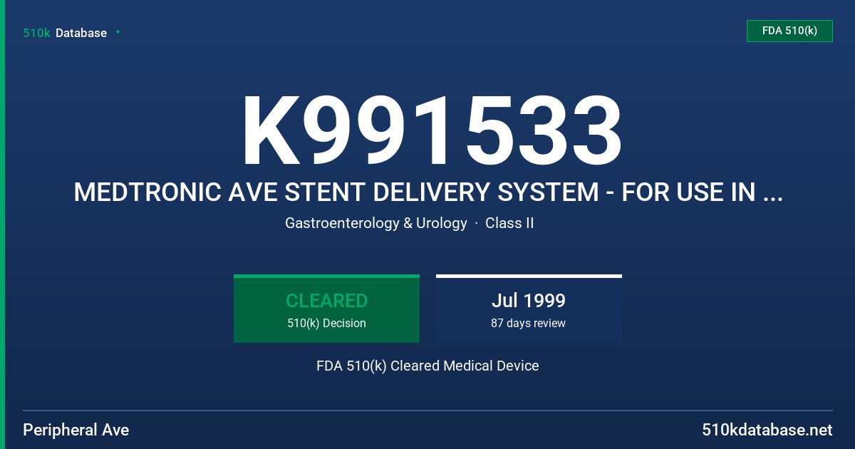 K991533 MEDTRONIC AVE STENT DELIVERY SYSTEM - FOR USE IN BILIARY INDICATION FDA 510(k) Cleared Medical Device
