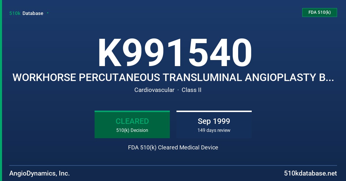 K991540 WORKHORSE PERCUTANEOUS TRANSLUMINAL ANGIOPLASTY BALLOON CATHETER FDA 510(k) Cleared Medical Device