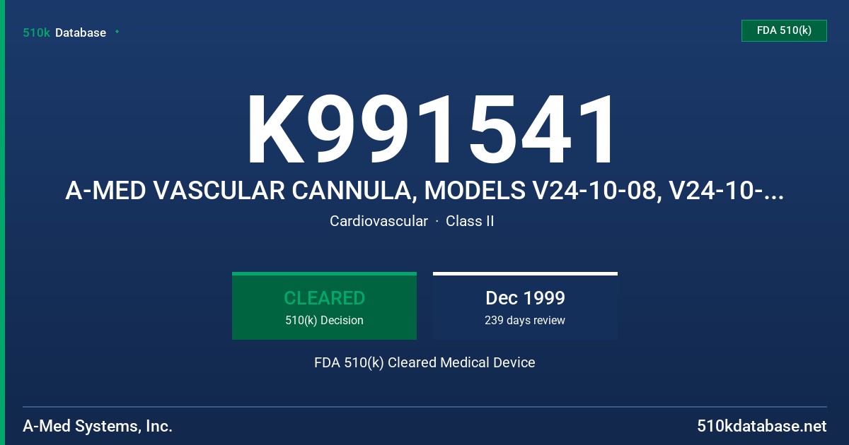 K991541 A-MED VASCULAR CANNULA, MODELS V24-10-08, V24-10-16, V24-10-32, V24-21-08, V24-21-44 FDA 510(k) Cleared Medical Device