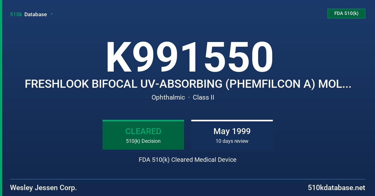 K991550 FRESHLOOK BIFOCAL UV-ABSORBING (PHEMFILCON A) MOLDED SPHERICAL HANDLING TINT AND COLORED SOFT (HYDROPHILIC0 CONTACT LENS FDA 510(k) Cleared Medical Device