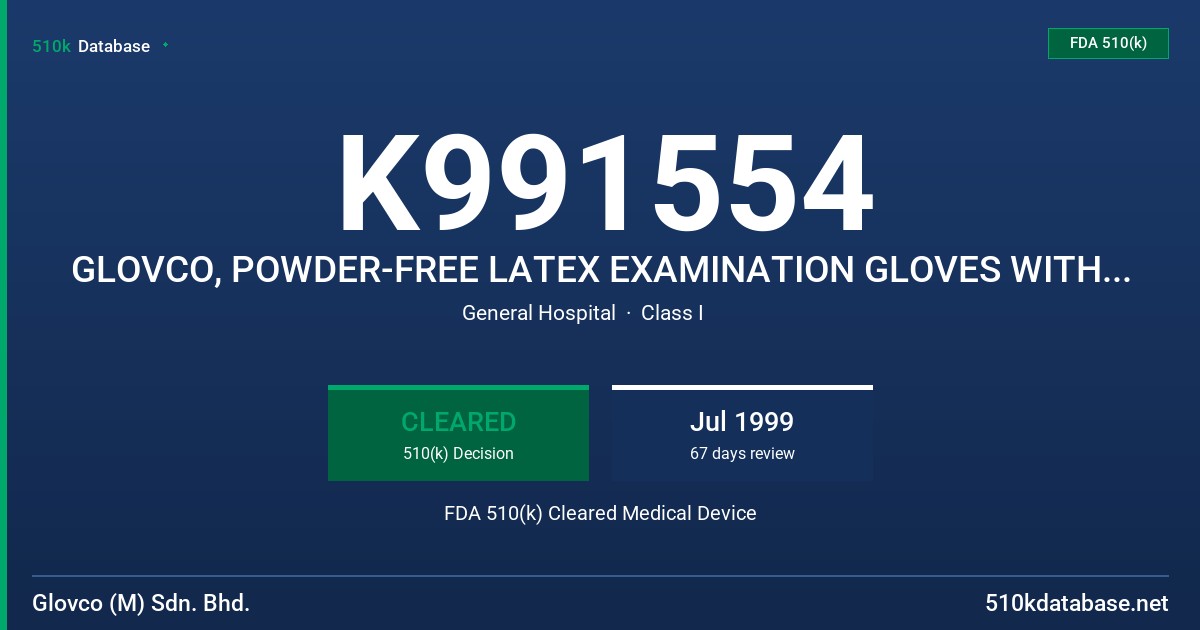 K991554 GLOVCO, POWDER-FREE LATEX EXAMINATION GLOVES WITH PROTEIN CONTENT LABELING  CLAIM (50 MICROGRAMS OR LESS) FDA 510(k) Cleared Medical Device