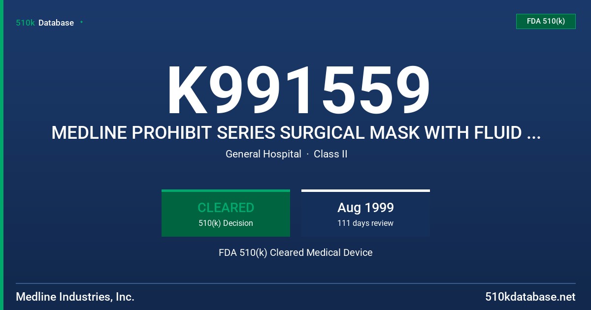 K991559 MEDLINE PROHIBIT SERIES SURGICAL MASK WITH FLUID SHIELD FDA 510(k) Cleared Medical Device