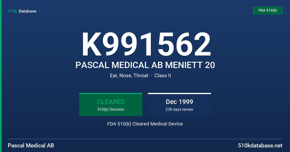 K991562 PASCAL MEDICAL AB MENIETT 20 FDA 510(k) Cleared Medical Device