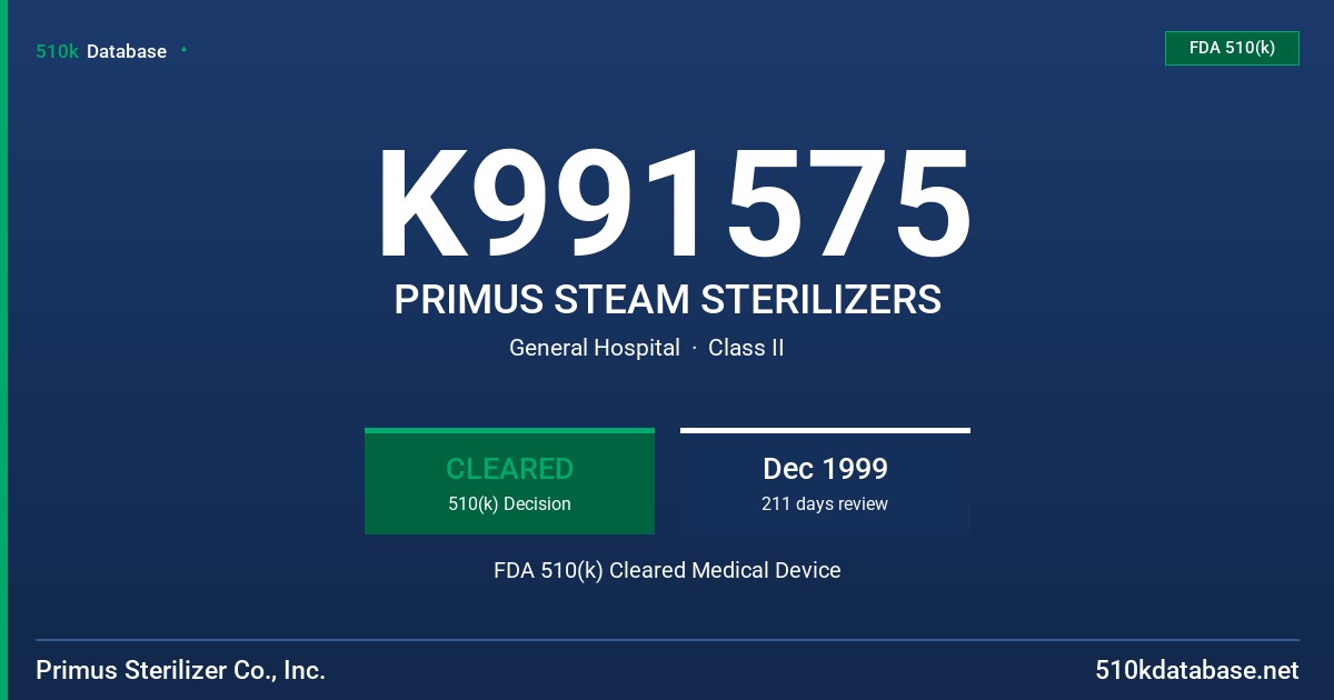 K991575 PRIMUS STEAM STERILIZERS FDA 510(k) Cleared Medical Device