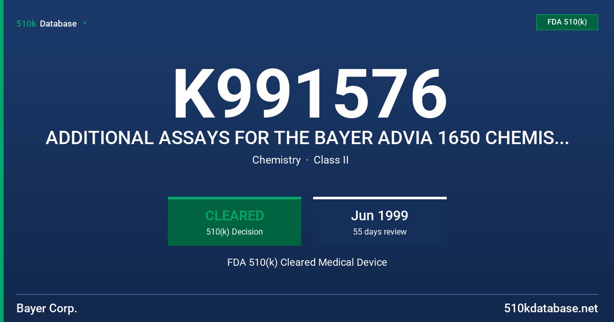 K991576 ADDITIONAL ASSAYS FOR THE BAYER ADVIA 1650 CHEMISTRY SYSTEM FDA 510(k) Cleared Medical Device