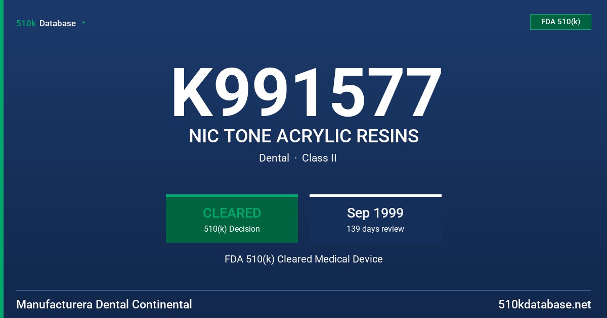 K991577 NIC TONE ACRYLIC RESINS FDA 510(k) Cleared Medical Device