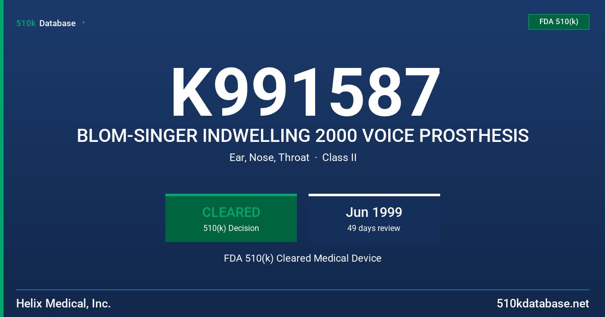 K991587 BLOM-SINGER INDWELLING 2000 VOICE PROSTHESIS FDA 510(k) Cleared Medical Device