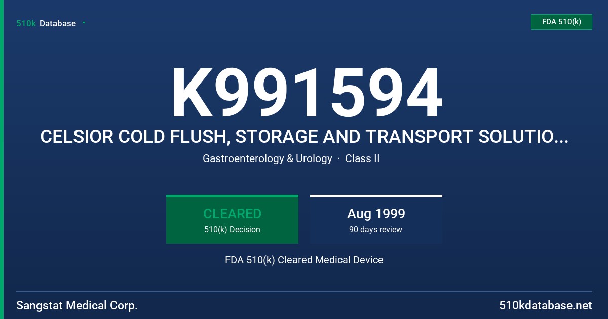 K991594 CELSIOR COLD FLUSH, STORAGE AND TRANSPORT SOLUTION FOR HEARTS FDA 510(k) Cleared Medical Device