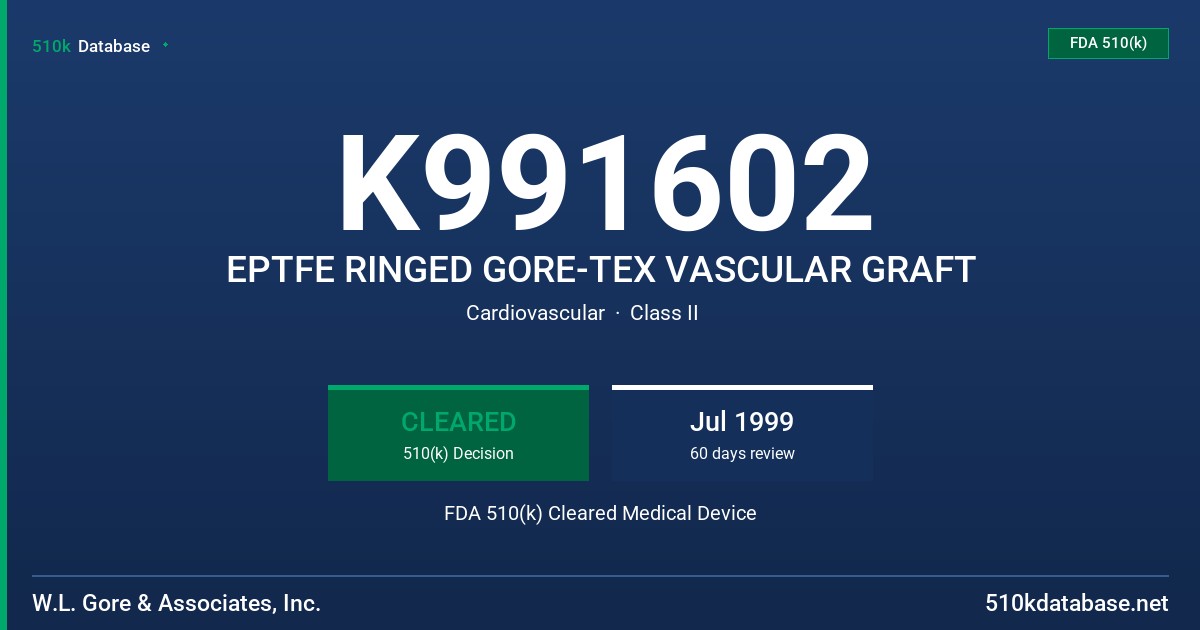 K991602 EPTFE RINGED GORE-TEX VASCULAR GRAFT FDA 510(k) Cleared Medical Device