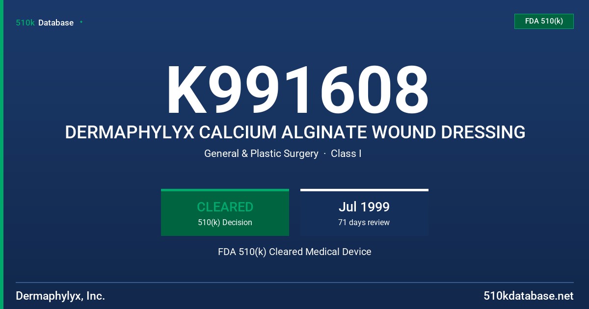 K991608 DERMAPHYLYX CALCIUM ALGINATE WOUND DRESSING FDA 510(k) Cleared Medical Device