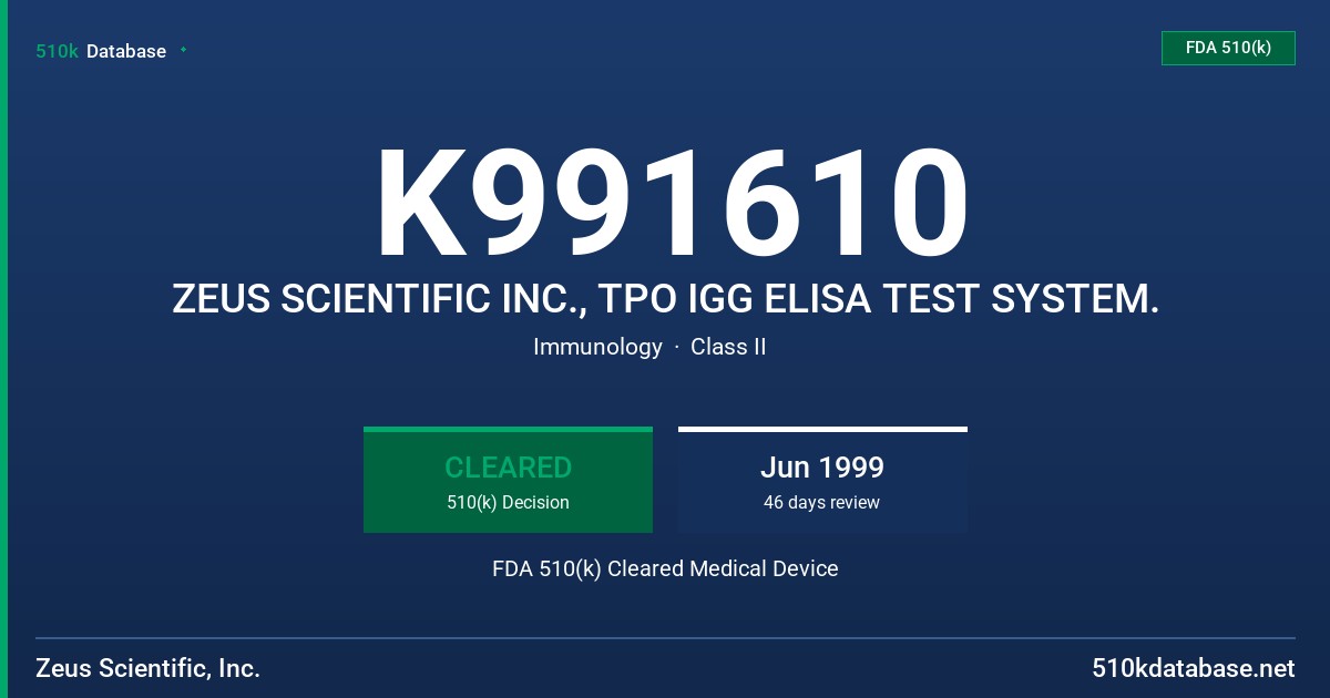 K991610 ZEUS SCIENTIFIC INC., TPO IGG ELISA TEST SYSTEM. FDA 510(k) Cleared Medical Device