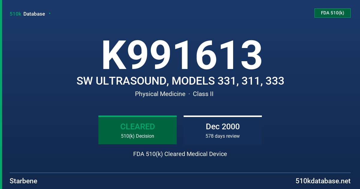 K991613 SW ULTRASOUND, MODELS 331, 311, 333 FDA 510(k) Cleared Medical Device