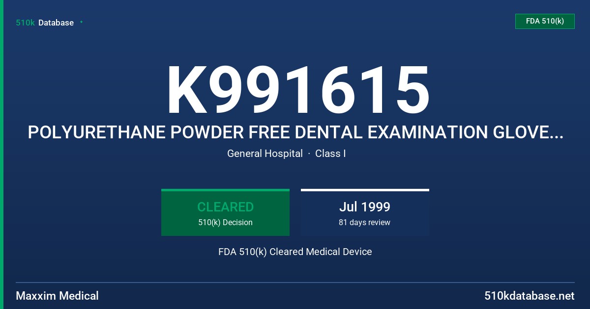 K991615 POLYURETHANE POWDER FREE DENTAL EXAMINATION GLOVE, POLYURETHANE POWDER FREE MEDICAL EXAMINATION GLOVE FDA 510(k) Cleared Medical Device