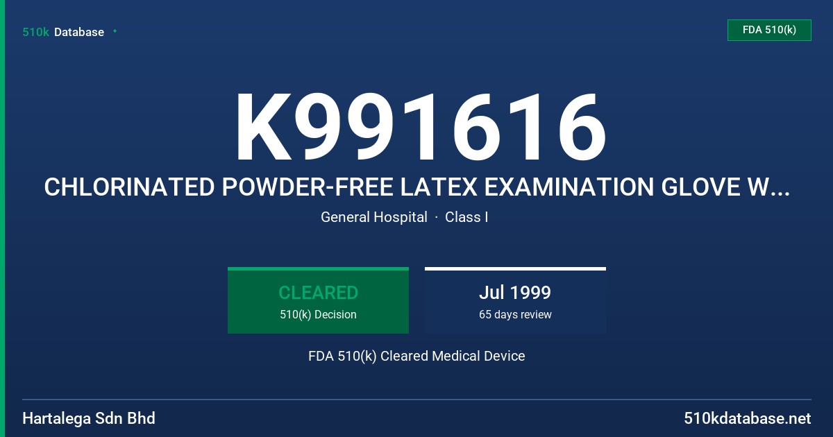 K991616 CHLORINATED POWDER-FREE LATEX EXAMINATION GLOVE WITH PROTEIN CONTENT LABELING CLAIM (50 MICROGRAMS OR LESS) FDA 510(k) Cleared Medical Device