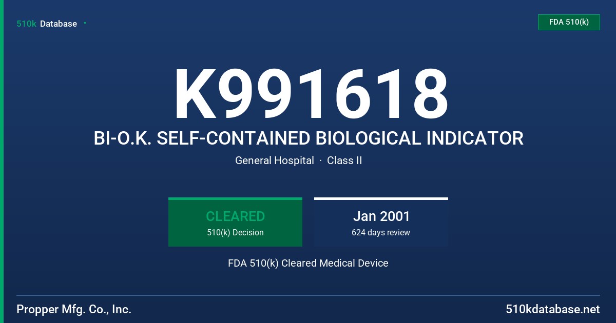 K991618 BI-O.K. SELF-CONTAINED BIOLOGICAL INDICATOR FDA 510(k) Cleared Medical Device
