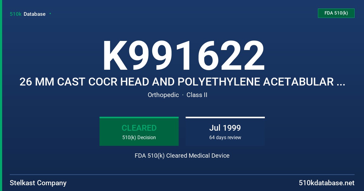 K991622 26 MM CAST COCR HEAD AND POLYETHYLENE ACETABULAR SHELL LINER FDA 510(k) Cleared Medical Device